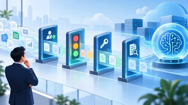工作者檢視 AI 資料使用流程中的帳號、燈號、權限與紀錄