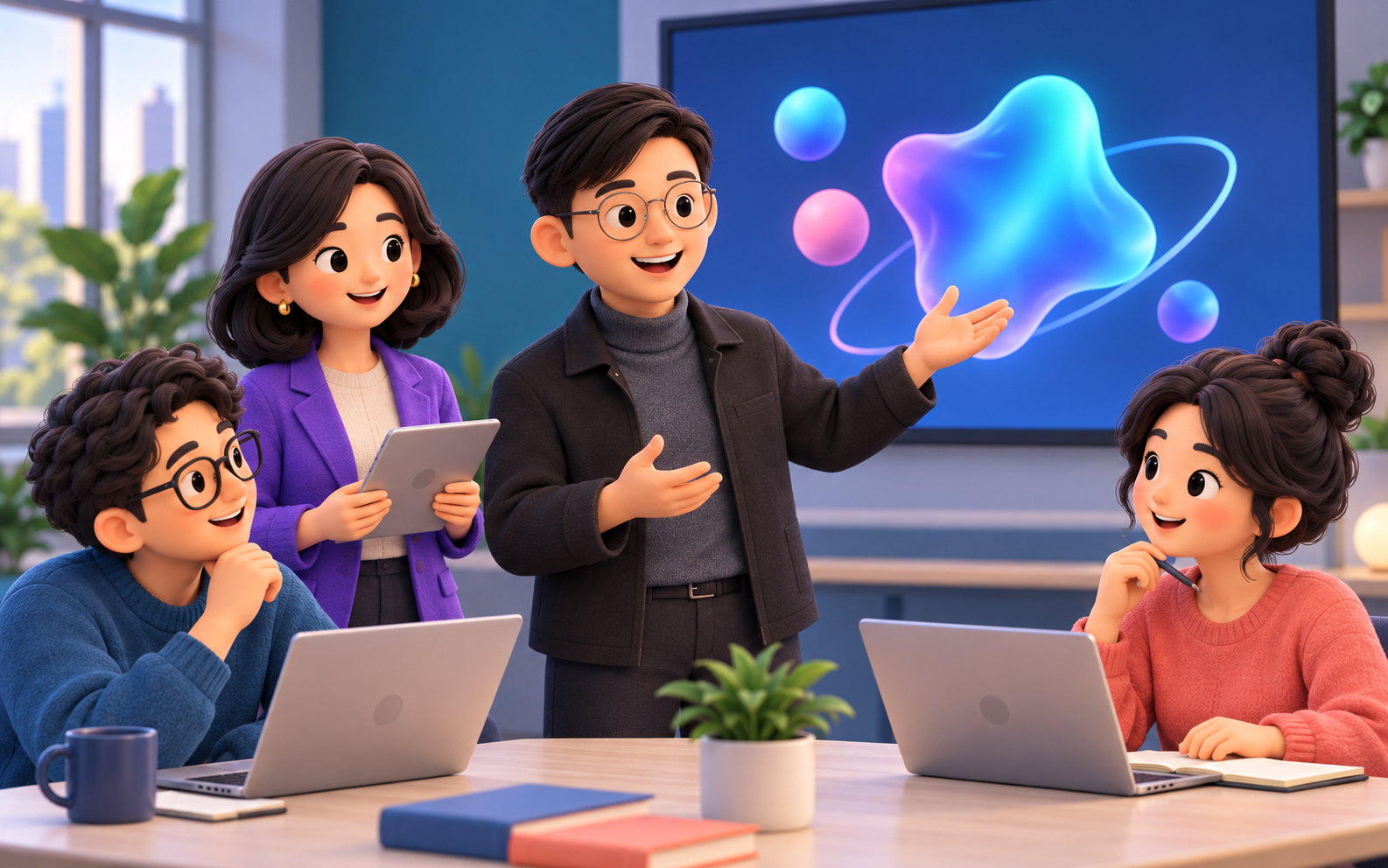 HR、培訓師與學員在 AI 課堂中協作的 3D 黏土風插畫