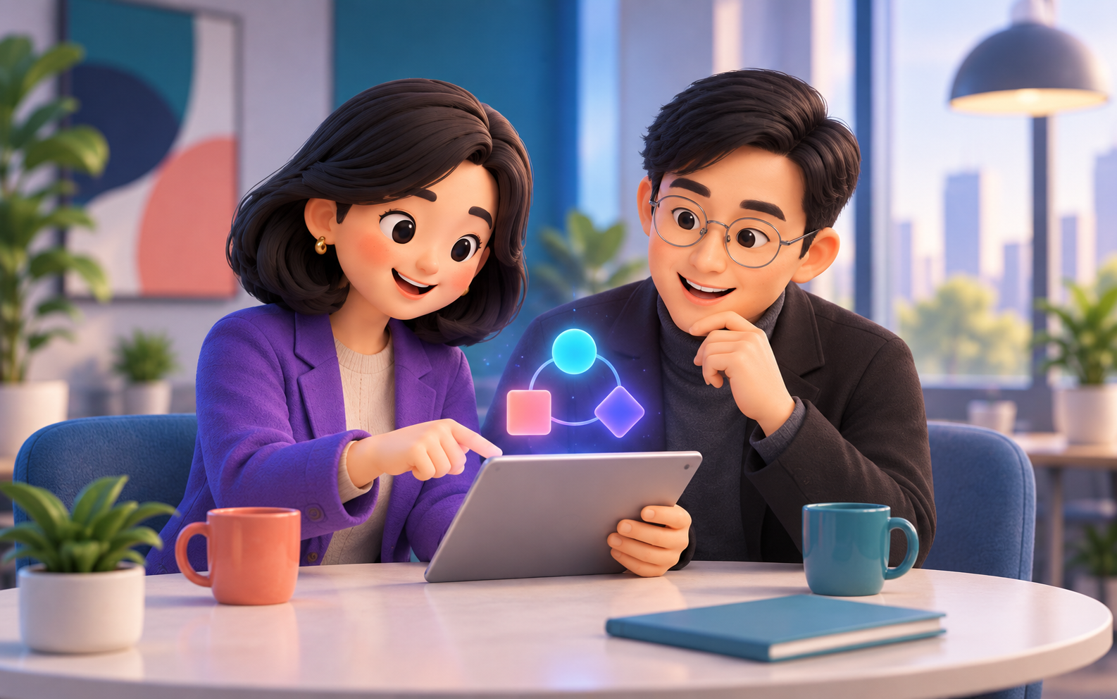 講師與企業學員一起檢視 AI 工作流程的 3D 角色插畫